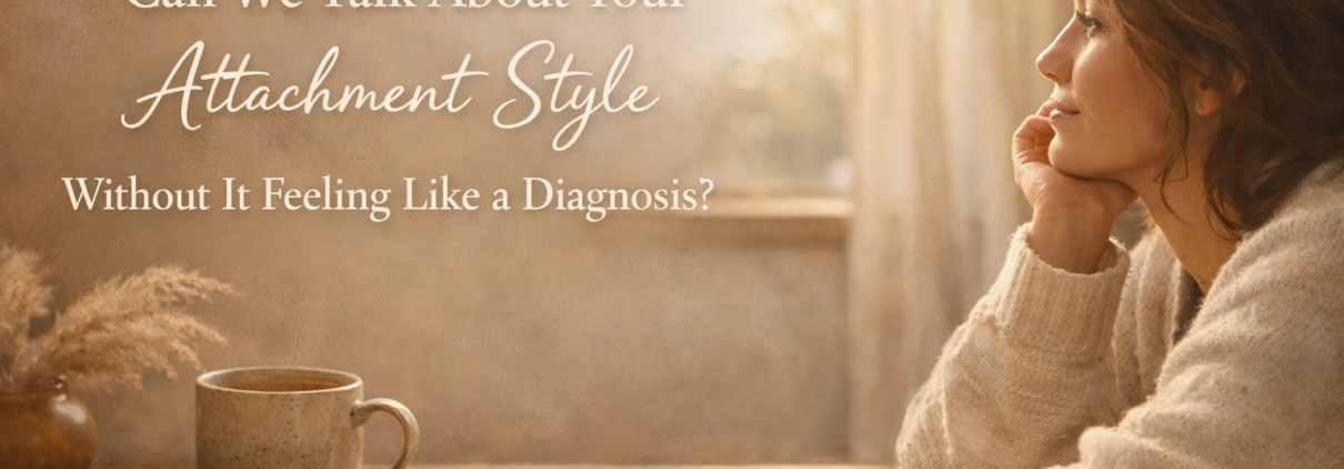 Woman reflecting on attachment styles in relationships at a cozy desk with journal and tea