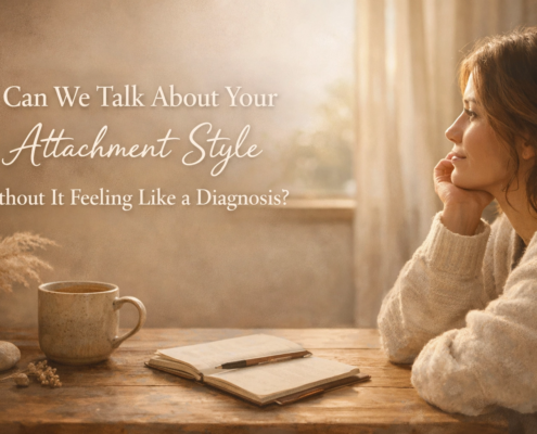 Woman reflecting on attachment styles in relationships at a cozy desk with journal and tea