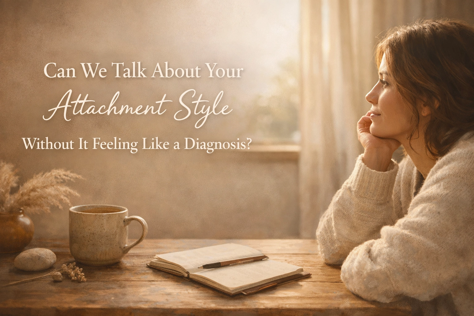 Woman reflecting on attachment styles in relationships at a cozy desk with journal and tea