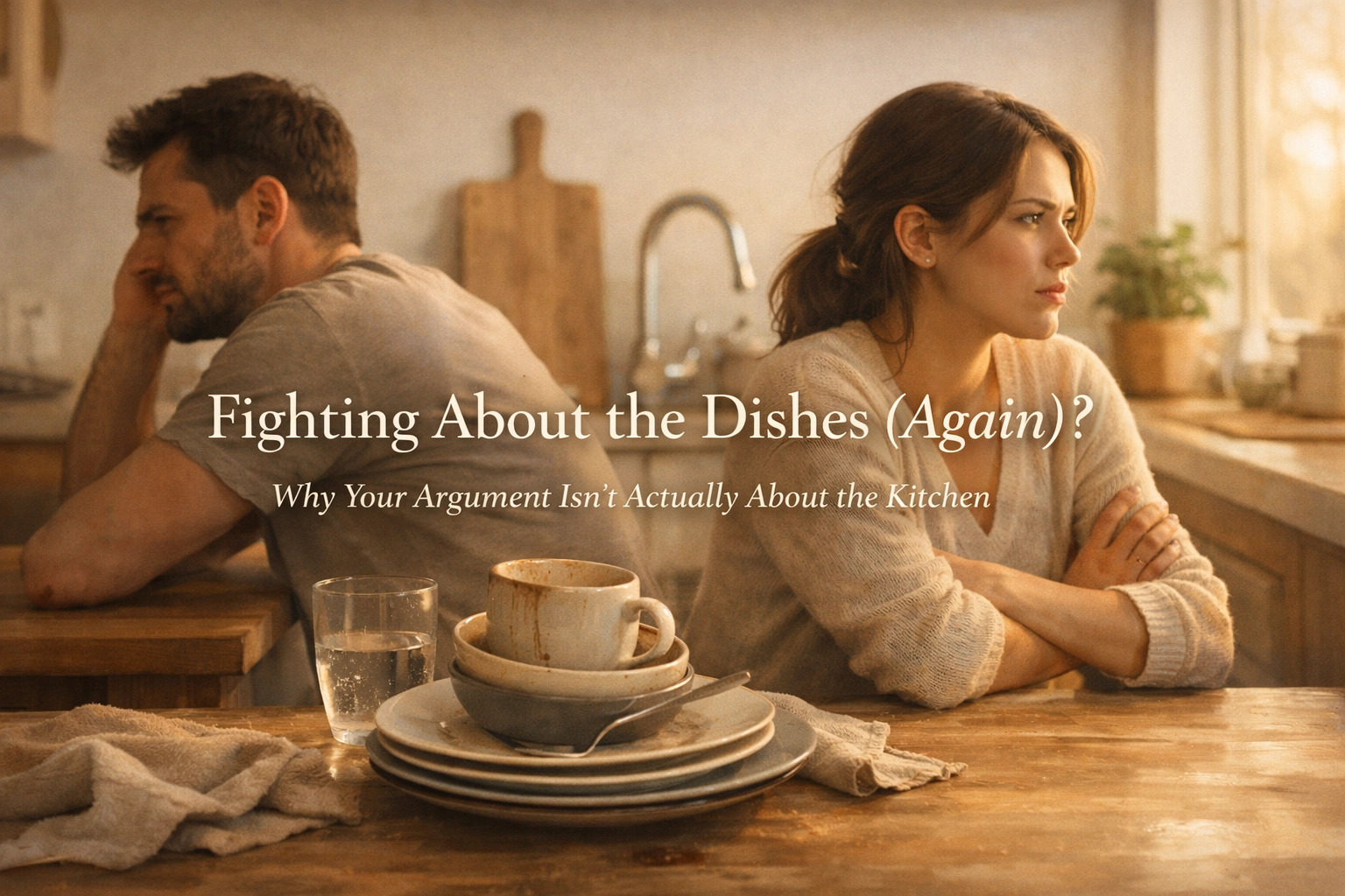 Couple sitting back-to-back in kitchen after arguments about chores in relationships