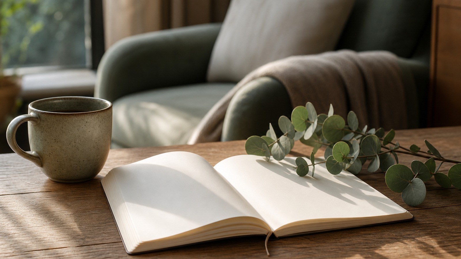 Blank journal and tea representing reflection and authentic self-worth