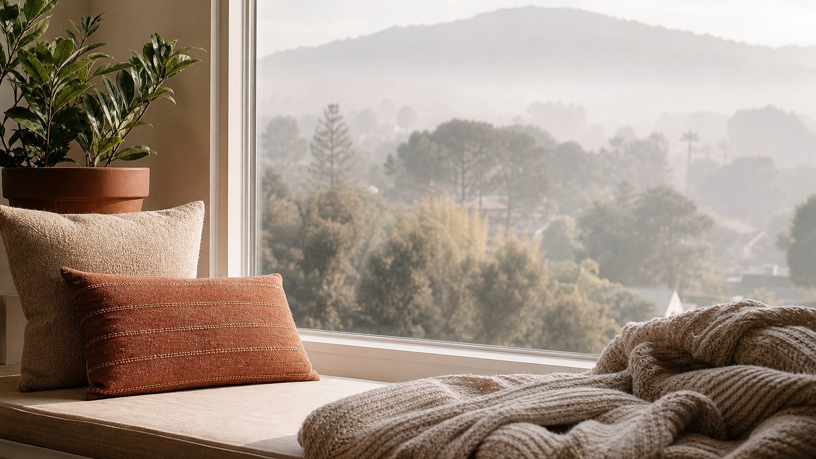 Calm window seat representing inner steadiness and self-acceptance
