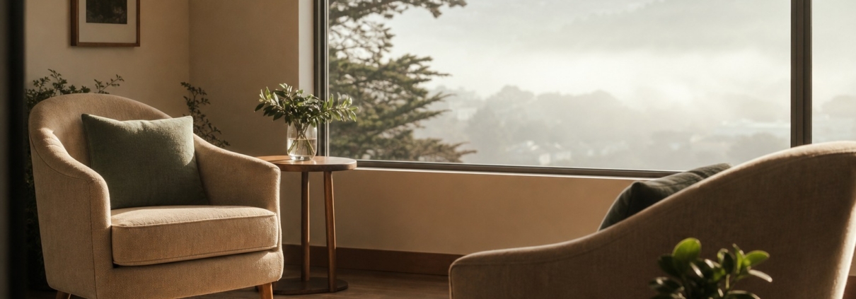 Warm therapy room for self esteem counseling in San Francisco with soft natural light