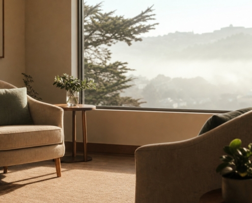 Warm therapy room for self esteem counseling in San Francisco with soft natural light