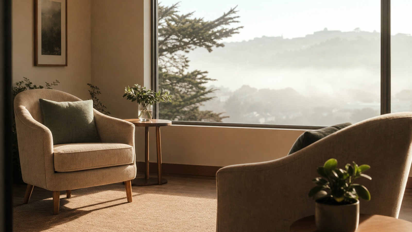 Warm therapy room for self esteem counseling in San Francisco with soft natural light