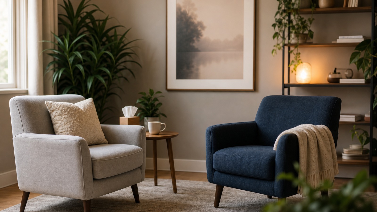 Therapy for life transitions in California in a calm therapy room