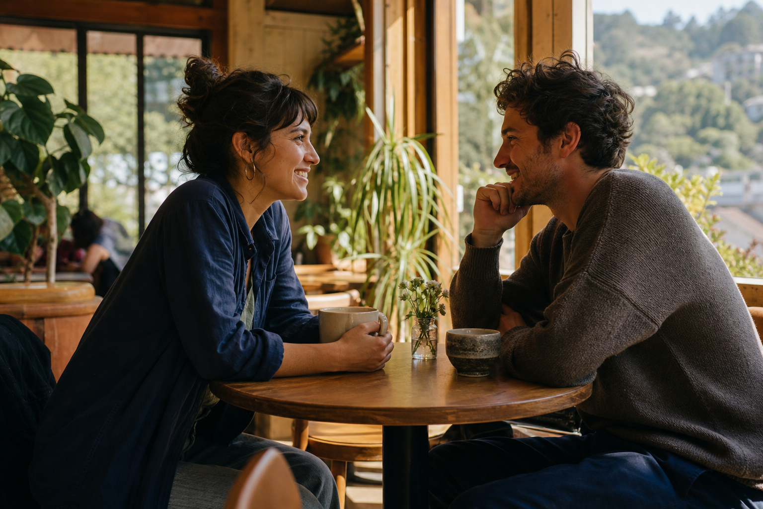 Two people having genuine face-to-face conversation at cafe — moving toward authentic connection with therapy in San Francisco