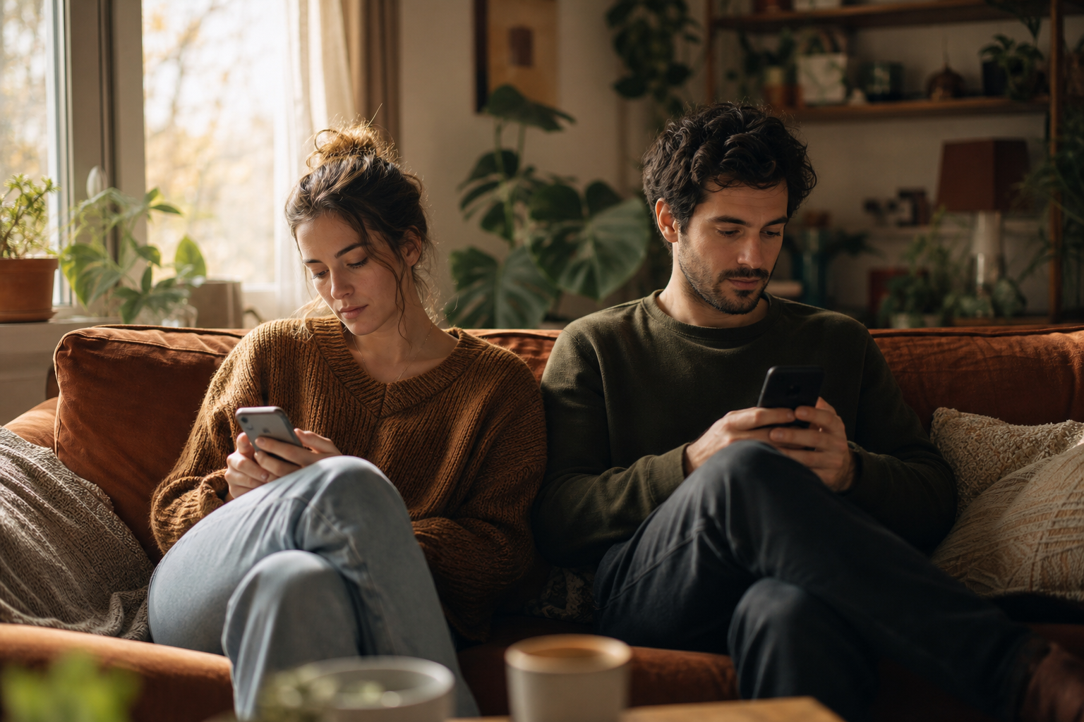 Couple sitting together on phones showing emotional distance — attachment styles in relationships