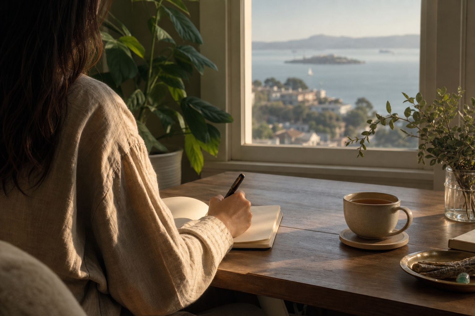 View of Berkeley hills through a wooden window frame at golden hour, with a journal and succulent on the sill — peaceful California landscape for online therapy