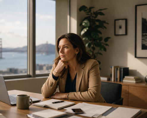 Cozy therapy room with warm morning light, a comfortable chair, soft blanket, tea, and a eucalyptus branch — a calm, grounded space for anxiety therapy in San Francisco