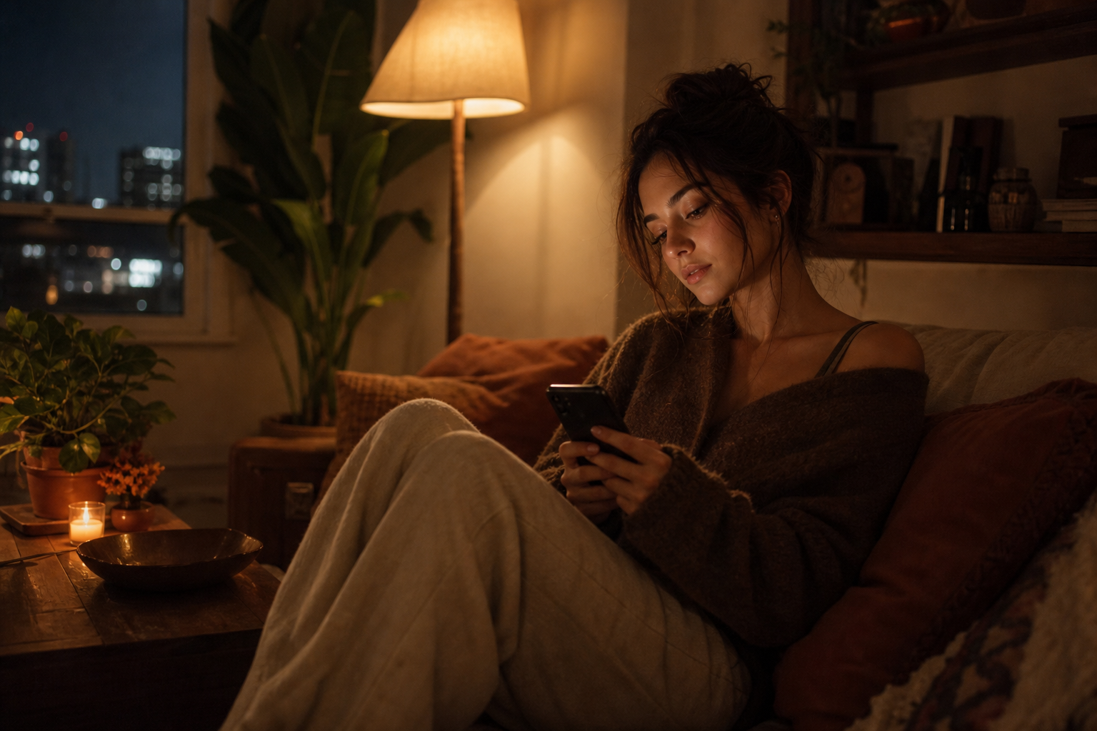 Woman scrolling phone late at night feeling digital connection — therapy for attachment styles in San Francisco